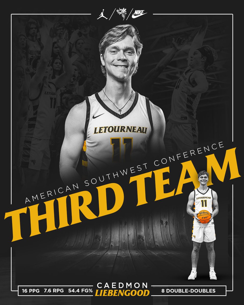 ALL-CONFERENCE AWARDS | 2024

Third Team All-Conference honors for Caed Liebengood after a breakout season.

Caed scored 16 ppg on an efficient 54.4% shooting (2nd in ASC) and also secured 7.6 reb per game in his junior campaign.

#d3hoops #LeTourneauBuilt #LETUBrotherhood