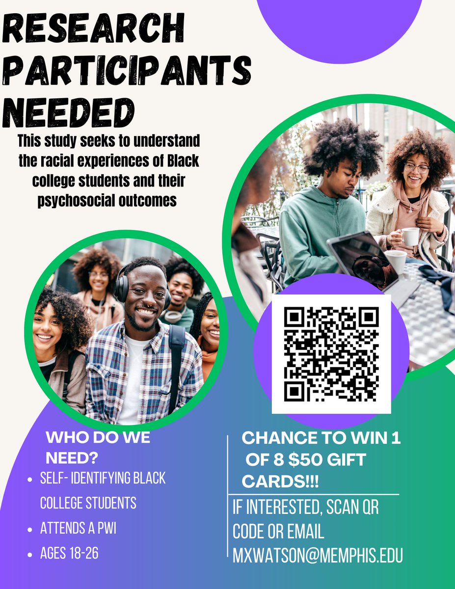 My brilliant student is looking for Black college students at PWIs to share their experiences. Participants are entered into a raffle for 1 of 8 gift cards. Please share!