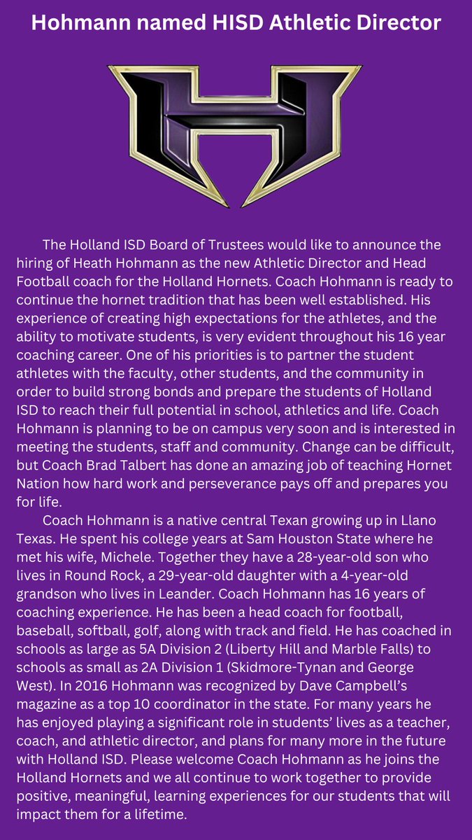 Heath Hohmann named HISD Athletic Director