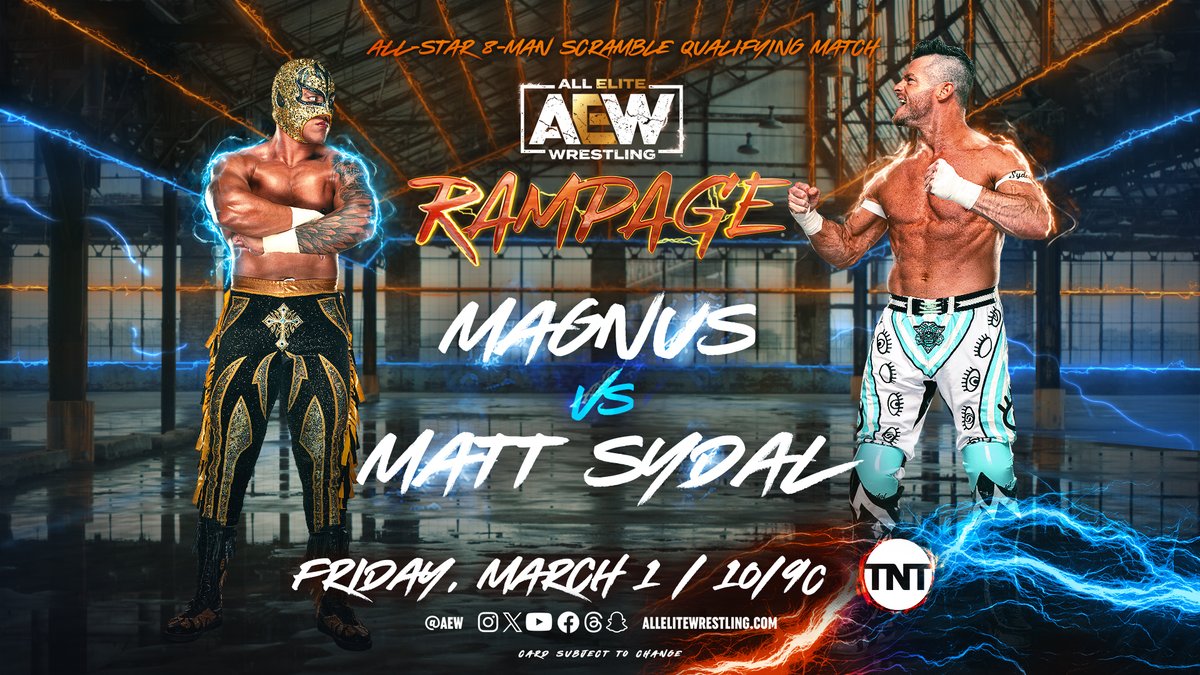 AEW's tweet image. Watch Friday Night #AEWRampage at 10pm ET/9pm CT on TNT!

• @ClaudioCSRO v @cmll_oficial’s @rugido_luchador
• #Riho v @TrishAdora202
• @MattSydal v @Magnus_CMLL
• #TheRighteous (@NoNamexVincent @DEATHxWALKS) &amp;amp; @LanceHoyt in ACTION!