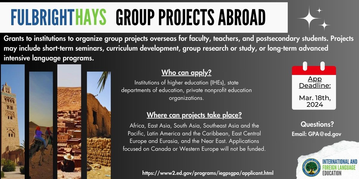 GoGlobalED's tweet image. Enjoy #research? Want to enhance your #foreignlanguage skills? Like to develop #curricula? Apply to the #FulbrightHays GPA program before Mar.18th! Immerse yourself #abroad, from 4wks min. to 18mo max, depending on your project. #IFLE #HigherEd #Nonprofits #BeGlobalReady