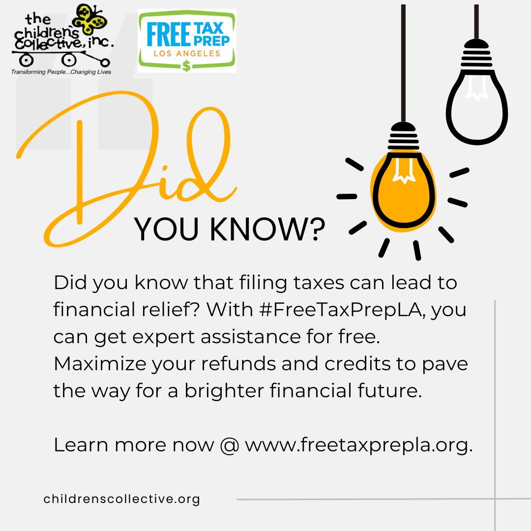 Did you know that filing taxes can lead to financial relief? With #FreeTaxPrepLA, you can get expert assistance for free. Maximize your refunds and credits to pave the way for a brighter financial future.
 
Learn more now @ freetaxprepla.org.

#FreeTaxPrepLA #FTPLA #Taxes