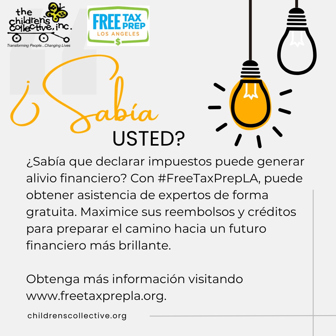 ¿Sabía que declarar impuestos puede generar alivio financiero? Con #FreeTaxPrepLA, puede obtener asistencia de forma gratuita. Maximice sus reembolsos y créditos para preparar el camino hacia un futuro financiero más brillante.

Obtenga más información en freetaxprepla.org