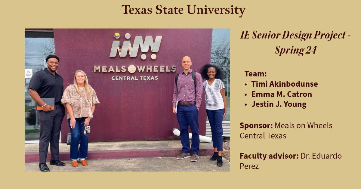 Excited to join hands with the dedicated team <a href="/mealsonwheels/">Meals on Wheels Central Texas</a>. We will study their operations, aiming to enhance efficiency and make a positive impact. Together, we are committed to delivering meals and providing essential services to our senior neighbors. <a href="/txstengineering/">Ingram School of Engineering</a>