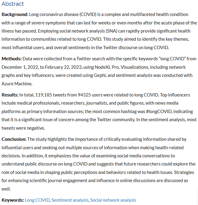 The Pulse of Long COVID on Twitter: A Social Network  Analysis

Free fulltext:
journalaim.com/Article/aim-28…

'Most hashtags in tweets':
#longCovid #PrimeandSpike #Covid #MECFS #Covid19 #Covid19aus #Covidisntover #Covidisnotover #longCovidkids #MedTwitter 

1/