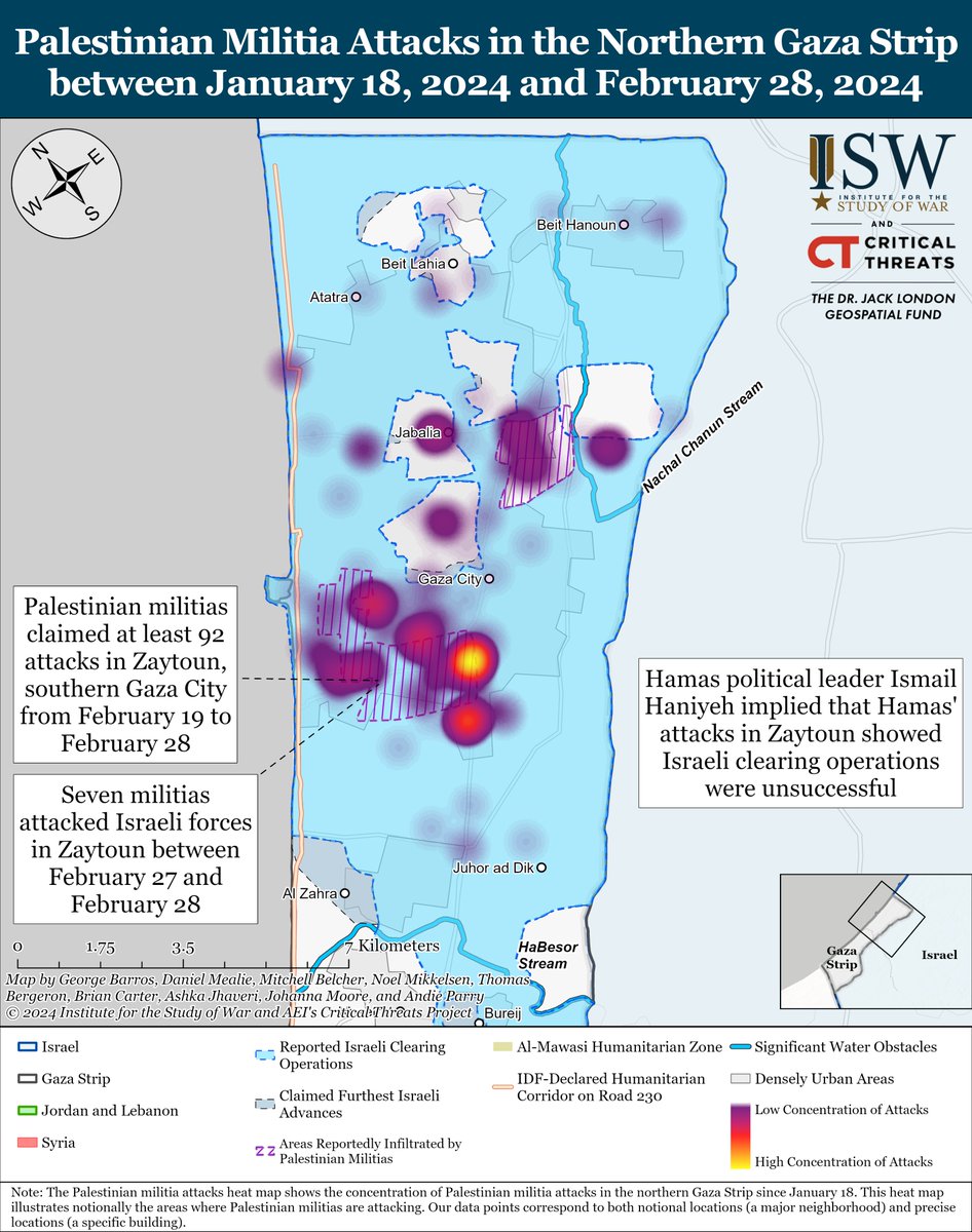 TheStudyofWar's tweet image. NEW: Palestinian militias have claimed at least 92 attacks targeting Israeli forces in Zaytoun, southeastern Gaza City, between February 19 and February 28. 🧵(1/4)