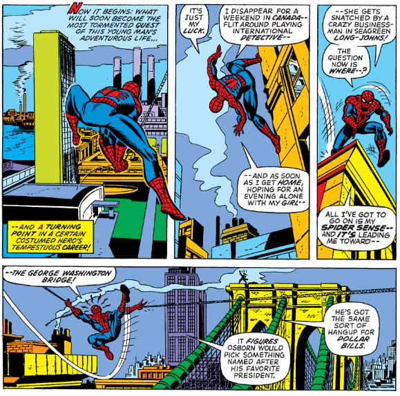 MarvelADay's tweet photo. #MarvelADay #ASM121 Oops. The caption says it’s the George Washington Bridge, but the art shows the Brooklyn Bridge. - JRW https://t.co/tT5UOw63y7