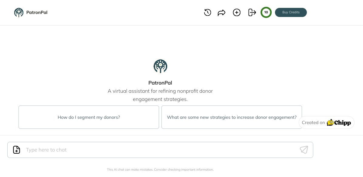 I made another GPT on @chippdotai called PatronPal, a virtual assistant for refining nonprofit donor engagement strategies. Check it out here: patronpal-2583.chipp.ai #buildwithchipp