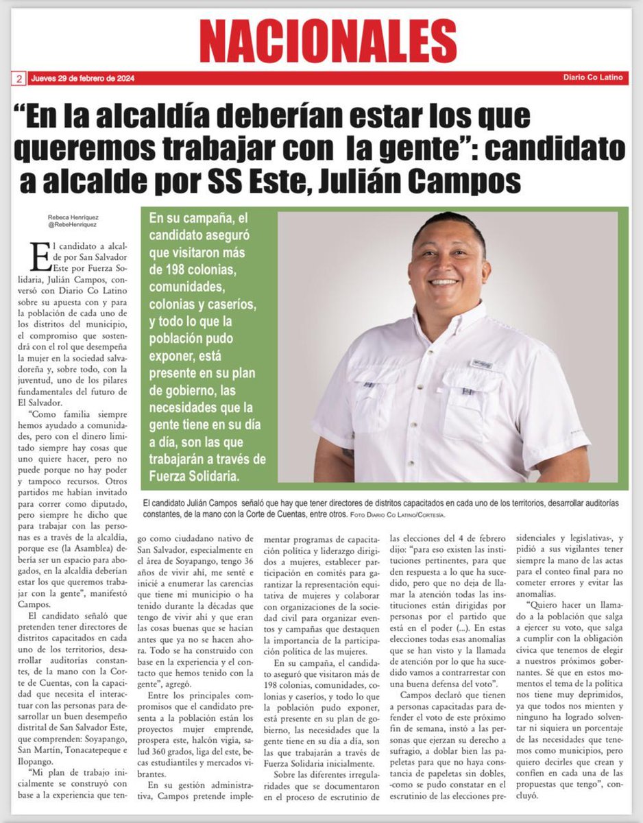 JulianCampossv's tweet photo. Les comparto nota del Periódico Co Latino.

#VotaPorJulianCampos
#ConLaFuerzaDeNuestraGente
#FuerzaSolidaria
#SanSalvadorEste https://t.co/5j0kpe641F