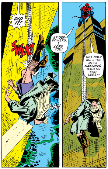 MarvelADay's tweet photo. #MarvelADay #ASM121 Here’s a problematic bit: Spider-Man uses his webbing to stop Gwen’s fall, but check out that SNAP sound effect in the first panel. Did he break Gwen’s neck while trying to save her? - JRW https://t.co/NGmGTcrymc