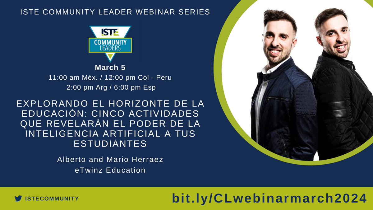 🎉Don't miss our second #ISTECommunityLeader webinar! The @eTwinzEDU will share 5 activities that show the power of AI. You don’t have to be an @ISTEofficial member to join. This webinar will be held in Spanish🫶🏻 📆 3/5 🕐 12 pm ET / 9 am PT 💻 bit.ly/CLwebinarmarch…