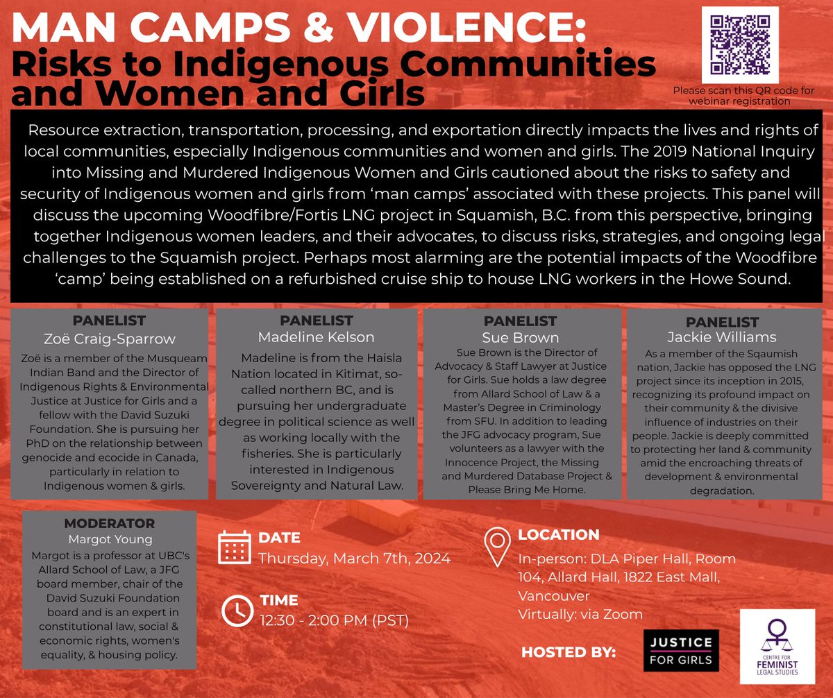 Join us and @JFG_Canada for a panel discussion on Man Camps &amp; Violence: Risks to Indigenous Communities and Women and Girls Thursday, March 7 from 12:30 to 2:00pm in room 104 at Allard Hall or online - tinyurl.com/5a9bn9vx #mmiwg