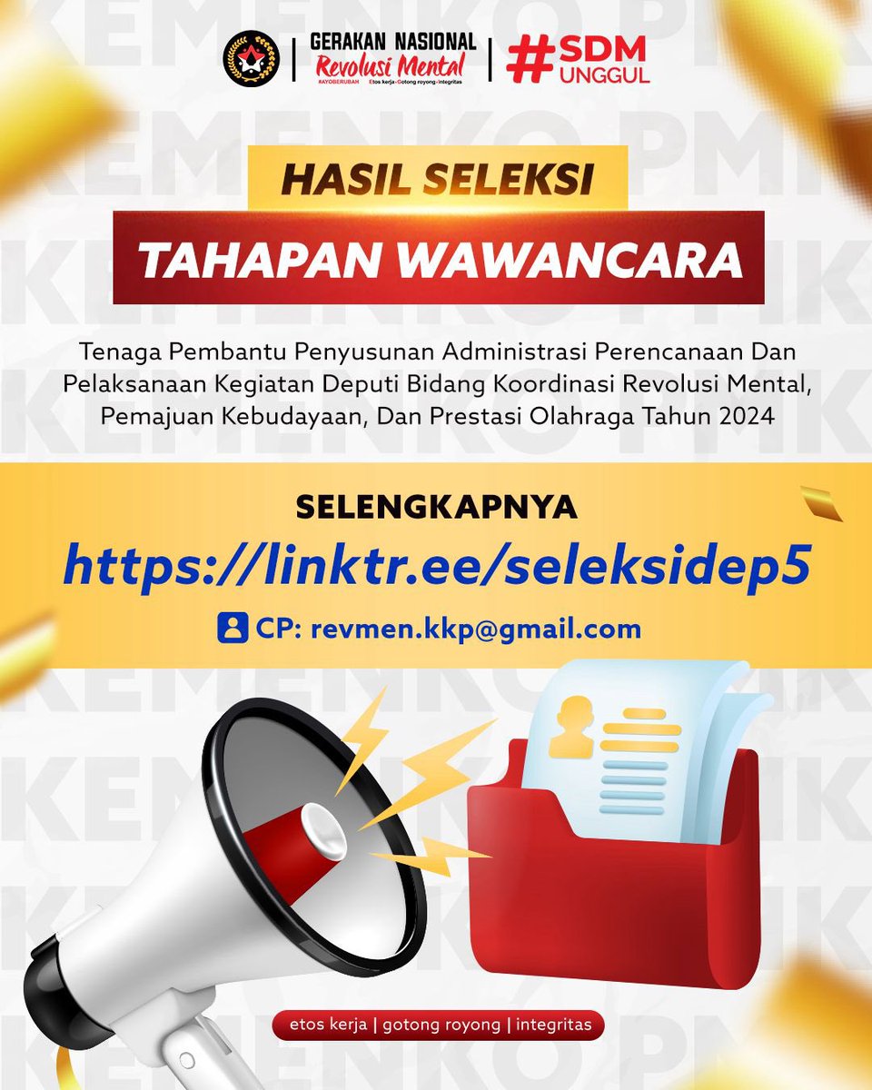 Hai sobat revmen, dengan ini kami umumkan hasil seleksi tahapan wawancara untuk Tenaga Pembantu Penyusunan Administrasi Perencanaan dan Pelaksanaan Kegiatan Deputi Bidang Koordinasi Revolusi Mental, Pemajuan Kebudayaan, dan Prestasi Olahraga tahun 2024.