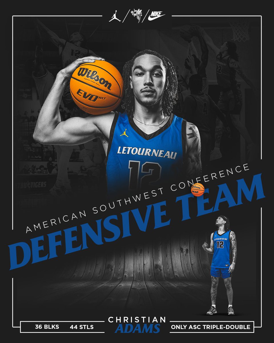 ALL-CONFERENCE AWARDS | 2024 Not just dunks. Christian Adams got it done on the other end too earning him All-Defensive Team honors. Tallying 36 blocks & 44 steals to go along with 143 rebounds. Chi made an impact all over the floor. #d3hoops #LeTourneauBuilt #LETUBrotherhood
