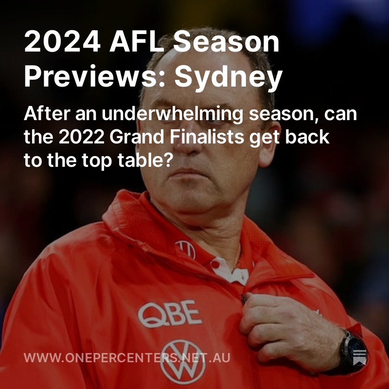 onepercentas's tweet photo. In the second of my 2024 season previews, I look at the @sydneyswans.

I suspect we'll eventually look back on 2023 as the aberration. The Swans have plenty of upside. But that doesn't mean they're perfect.

Read it here: https://t.co/SDls4NjjDg

#AFL #Sydney https://t.co/sc3v5kLvXs