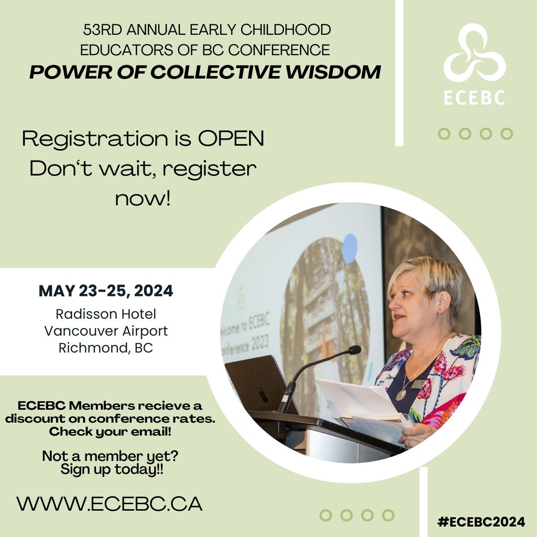 ECEBC invites you to attend our 53rd Annual Conference Power of Collective Wisdom on May 23 to 25th, 2024. Visit our website to view the conference brochure and registration information.
ecebc.ca/.../conference…
#ECEBC2024