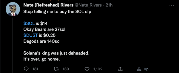 Stop telling me to buy the SOL dip

$SOL is $14

Solana's king was just deheaded.

It's over. Go home.