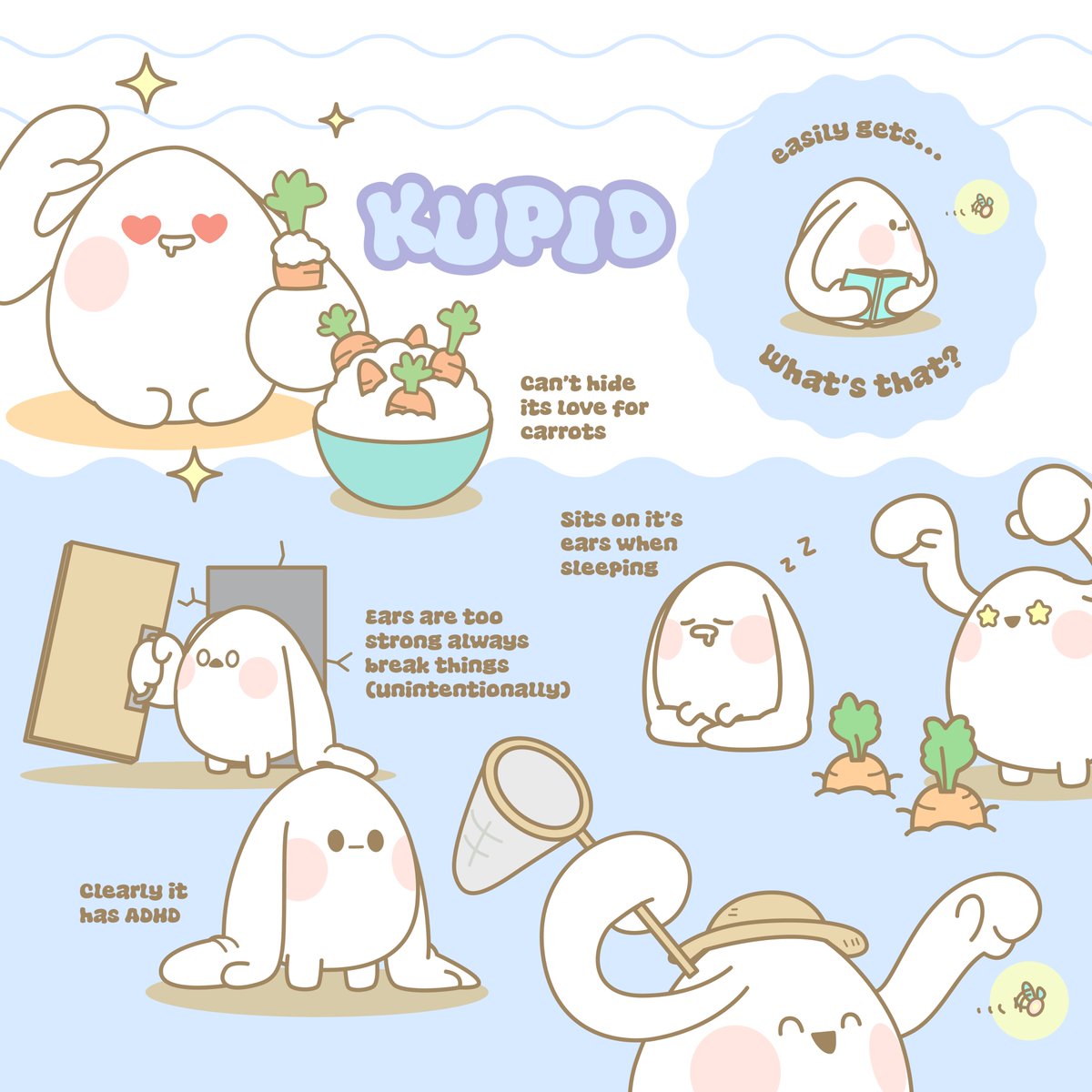 Introducing Kupid from #GachyiLand 🥕💘! 

He can't hide his love for carrots, gets easily distracted, and yes, his ears are so strong he sits on them while sleeping! 
 
You can soon join him on his quirky adventures!🐰✨ 

#GachyiCharacters $GCYP #GCYP  #GachyiExplorer