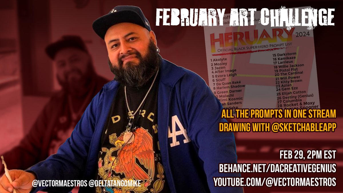 VectorMaestros's tweet image. February Art Challenge: Black History Month, Black SuperHeroes drawing with @SketchableApp

Thursday Feb 29
2pm EST
behance.net/dacreativegeni…
youtube.com/@vectormaestros

drawing with @SketchableApp 
prompt list on Instagram.com/theofficialher…
#heruary2024 #theofficialheruary