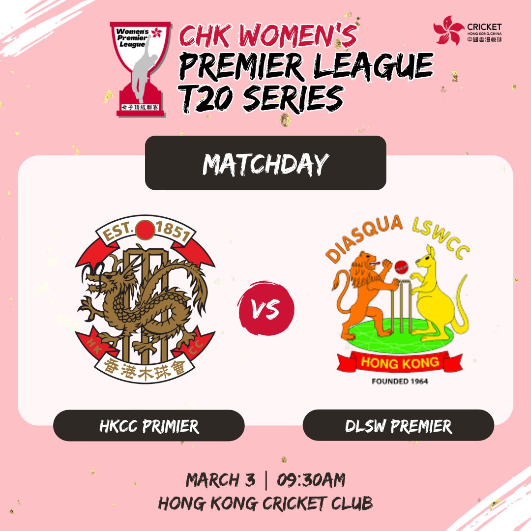 🏏This week CHK Premier League T20 Series will see HKCC Premier hosting a double header fixtures against DLSW Premier, featuring the Women's game in the morning and the Men's game in the afternoon. Meanwhile PACC Premier and CCC Women will also kick start their campaign at Tin
