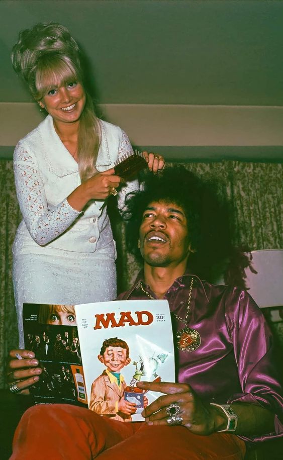 crockpics's tweet photo. Jimi Hendrix getting his hair done while reading Mad Magazine. Did you read Mad Magazine? https://t.co/WJEMyWJs9e