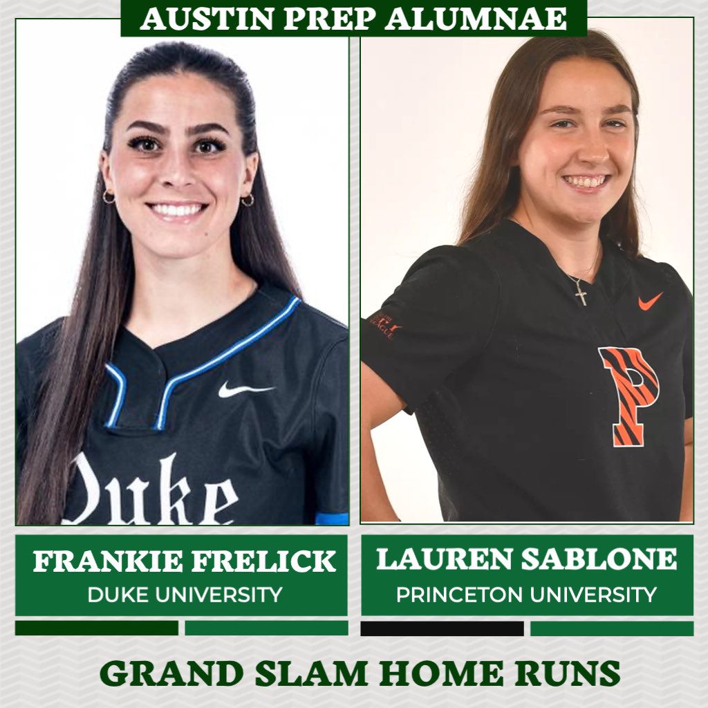 Austin Prep softball players from the 2019 State Championship Team, did something extraordinary! Frankie Frelick of D-1 Duke University Blue Devils and Lauren Sablone of D-1 Princeton University Tigers both hit grand slam home runs on the same day! A remarkable accomplishment!