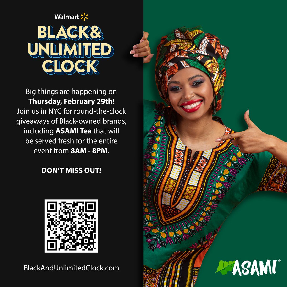 We're excited to announce that Asami will be featured at @walmart’s Black &amp; Unlimited Clock that will be taking place on February 29th at Flatiron Plaza in NYC. There will be samples and giveaways throughout the day. we will be featured at the clock 8am-9am.  #BlackAndUnlimited