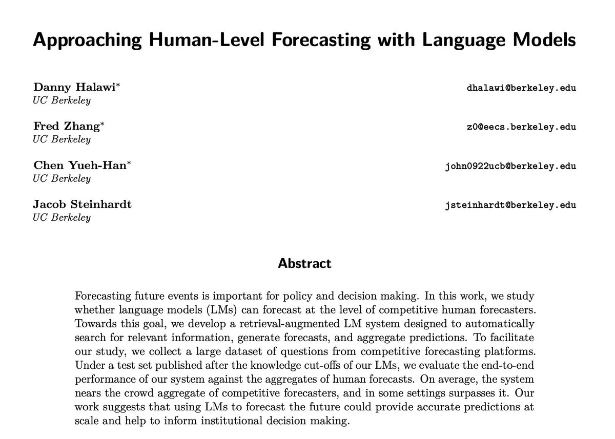 Can we build an LLM system to forecast geo-political events at the level of human forecasters? Introducing our work Approaching Human-Level Forecasting with Language Models! Arxiv: arxiv.org/abs/2402.18563 Joint work with @dannyhalawi15, @FredZhang0, and @jcyhc_ai