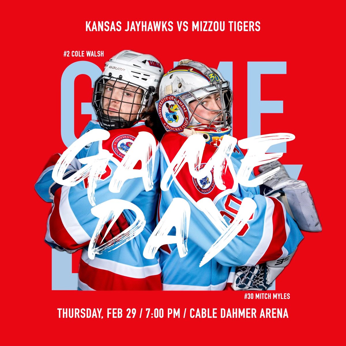 RIVALRY READY 😤  

⏱️7:00 pm CST 
📍Cable Dahmer Arena, Independence, MO
🏆 Rivalry at the Rink
📺 KU Hockey on YouTube 

#KU#RockChalk #RivalryattheRink