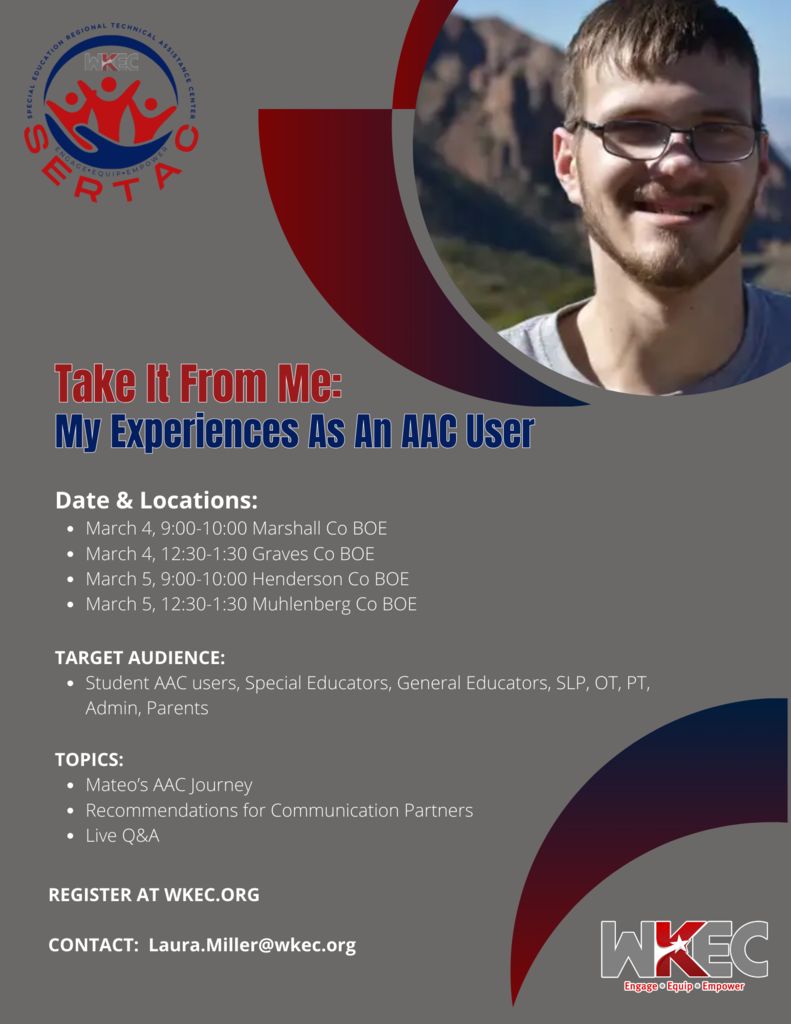 WKECSpecialEd's tweet photo. Learn more about the AAC Journey from nationally recognized AAC User - Mateo Moreno. Join WKEC for one of the four sessions offered this Spring at a district near you! #EngageEquipEmpower https://t.co/SVVLlkRD86