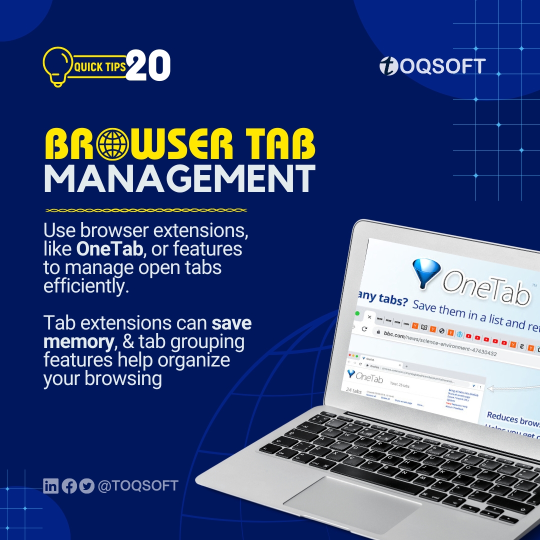 TOQSOFT's tweet photo. Having multiple tabs open makes it hard to find the right tab when you need it, & jumping from tab to tab is hardly a #productive activity. Plus, your #browser will use up more #memory, slowing down your work. #TabManagers will get things under control.πͺ
#Tips #Tricks #Hacks https://t.co/ogL1BNy4Au