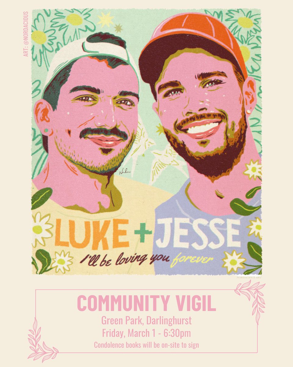MattAkersten's tweet photo. A community vigil for Luke Davies and Jesse Baird has been organised for tomorrow in Darlinghurst.

Community Vigil - Luke + Jesse
Friday 1 March from 6.30pm
Green Park, Darlinghurst

All are welcome to attend. https://t.co/ygv4En6jGj