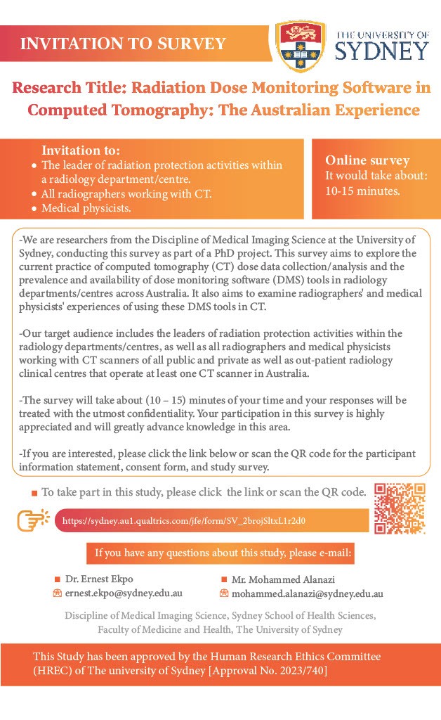Medical Image Optimisation and Perception Group (@miopeg_usyd) on Twitter photo Invitation for radiation protection leaders, radiographers, and medical physicists across Australia to participate in a survey aims to explore the current practices of CT dose data collection/analysis and examine their experiences with using DMS in CT. rb.gy/2p2s3u Invitation for radiation protection leaders, radiographers, and medical physicists across Australia to participate in a survey aims to explore the current practices of CT dose data collection/analysis and examine their experiences with using DMS in CT. rb.gy/2p2s3u