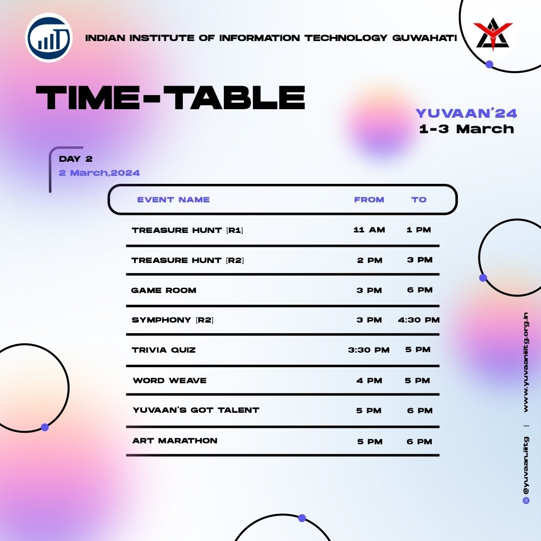 iiitiansnetwork's tweet photo. Experience the thrill of Yuvaan 2024 with IIIT Guwahati's jam-packed schedule of electrifying events and unforgettable performances! Don't miss out on the excitement!โจ๐
#Yuvaan2024 #ExcitingEvents #UnforgettableMoments https://t.co/tGqtDDPRJ5