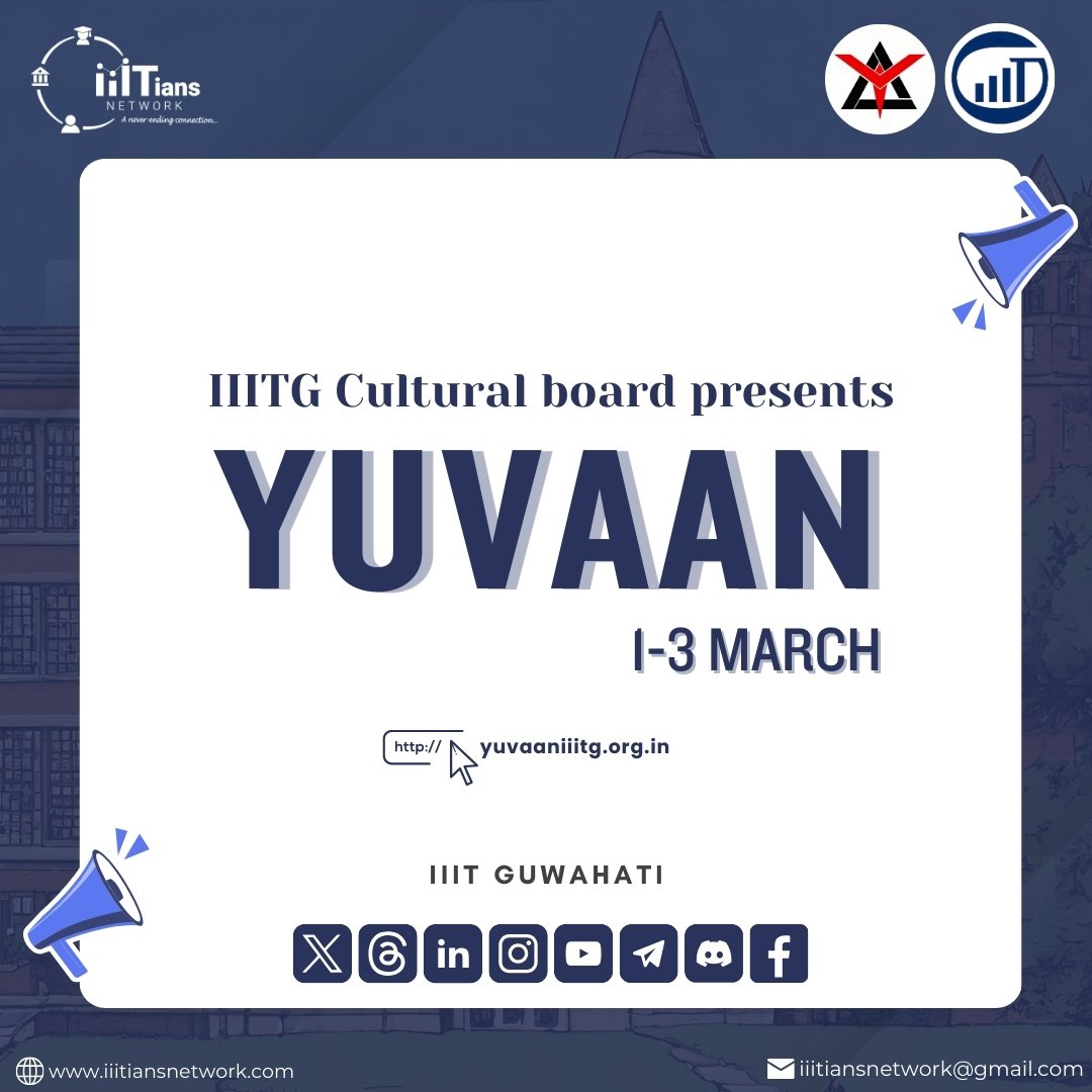 iiitiansnetwork's tweet photo. Experience the thrill of Yuvaan 2024 with IIIT Guwahati's jam-packed schedule of electrifying events and unforgettable performances! Don't miss out on the excitement!โจ๐
#Yuvaan2024 #ExcitingEvents #UnforgettableMoments https://t.co/tGqtDDPRJ5
