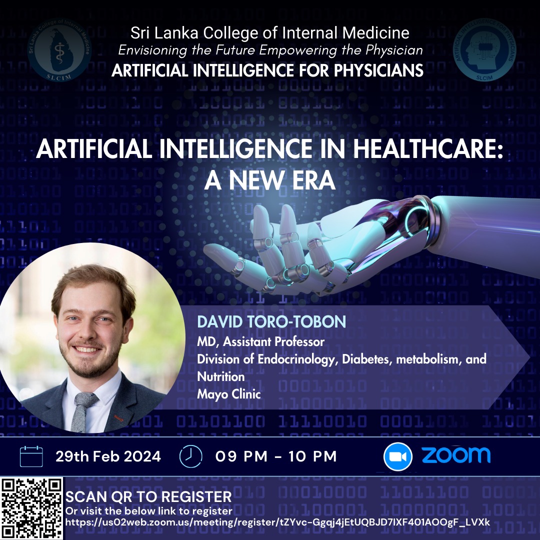 Excited to speak about the potential of #AI in transforming #healthcare at this webinar from the Sri Lanka College of Internal Medicine! Join me to explore how AI can improve and personalize patient care #AIinHealthcare #SLCIM #MedTwitter #Endotwitter