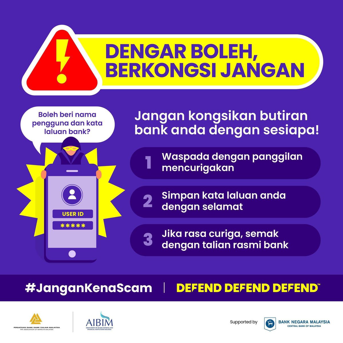Terima panggilan mencurigakan? Letak telefon, semak dahulu dan lindungi butiran bank anda!

Jika terkena scam, segera hubungi nombor hotline bank anda atau Pusat Respons Scam Kebangsaan (NSRC) di talian 997 (8.00am-8.00pm, setiap hari) dan buat laporan polis.
Sumber: AIBIM