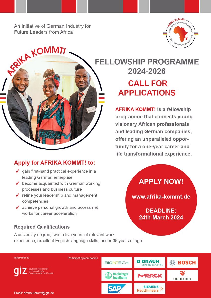 CALL FOR APPLICATIONS AFRIKA KOMMT:
Are you from 🇹🇿 &amp; under the age of 35?

Do you have a university degree &amp; speak excellent English?

Are you interested in gaining first-hand practical experience in a leading 🇩🇪 enterprise?

Apply now! Application deadline: March 24, 2024!