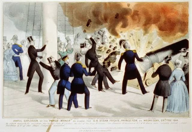 #OTD 1844: President #JohnTyler and and a few hundred guests were cruising down the Potomac on the new Navy warship #USSPrinceton. The 13-ton naval gun on board, known as the “Peacemaker,” exploded, nearly costing the president his life - instead it led to his marriage.