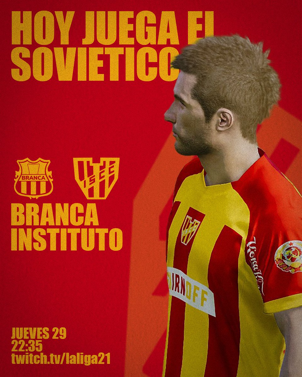 ¡HOY JUEGA LA GLORIA SOVIETICA!
Después de tanta espera, vuelve a jugar El Sovietico por <a href="/LaLiga21Of/">La Liga 21</a> 
🆚️ <a href="/ClubBranca/">DEPORTIVO BRANCA ❁</a> 
⏰️ 22:35 hora ARG
📲 twitch.tv/laliga21