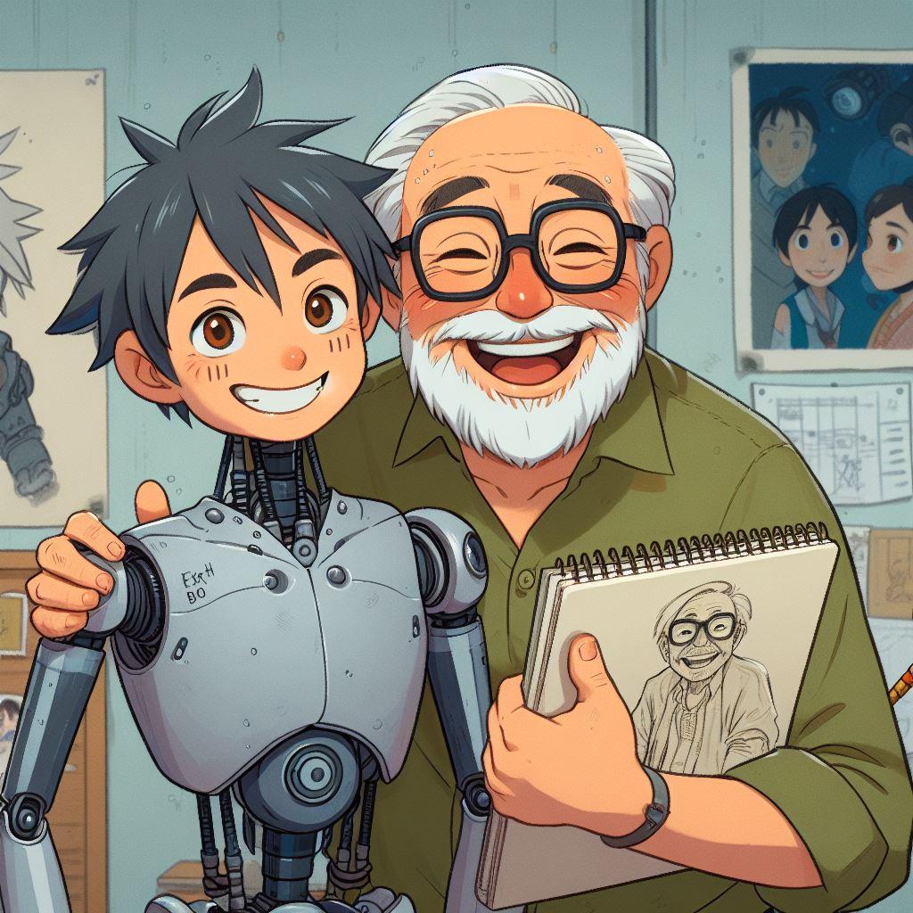 DaxSchaffer's tweet photo. I asked Dall-E to create images of Hayao Miyazaki being proud of his Artificial Intelligence son. https://t.co/WkwsStPvX2
