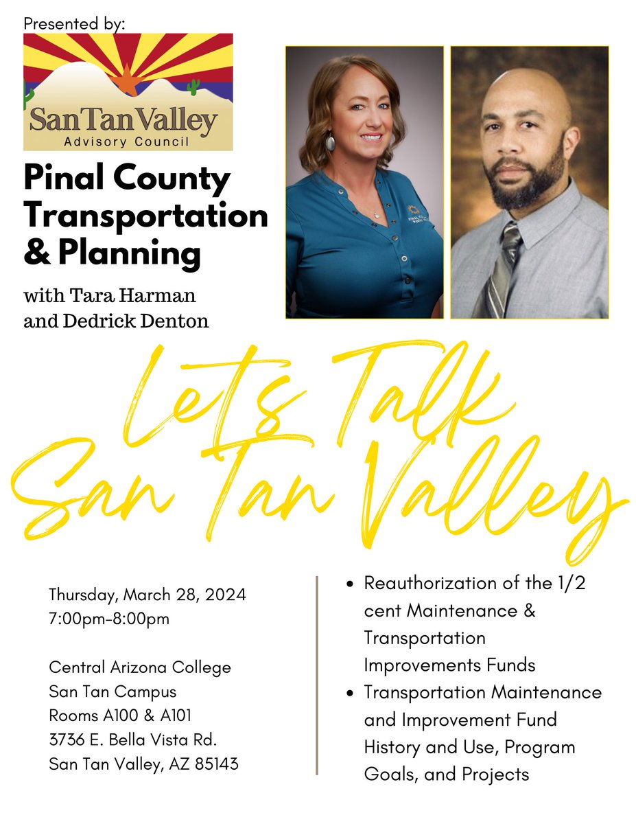 SanTanValleyAC's tweet photo. Save the Date! 

Pinal County Transportation &amp; Planning with Tara Harman and Dedrick Denton

3/28/24
7-8pm 

Central Arizona College
San Tan Campus
Rooms A100 &amp; A101
3736 E. Bella Vista Rd.
San Tan Valley, AZ 85143

#SanTanValley #SanTanValleyAz #SanTanValleyArizona #Arizona https://t.co/b0CmqSMmOC
