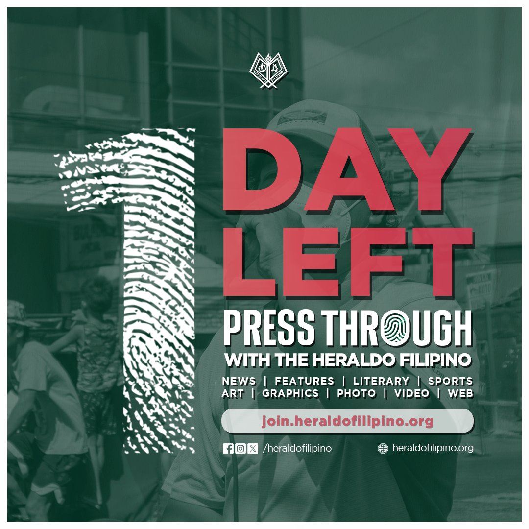 heraldofilipino's tweet photo. 1 DAY LEFT!
The HERALDO FILIPINO, the official student publication of De La Salle University-Dasmariñas, is still accepting applications for the following sections: News, Features, Sports, Literary, Graphics, Art, Photo, Video, and Web.
#PressThrough with The HERALDO FILIPINO. https://t.co/Vamtfx8vxF