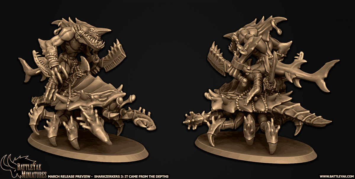 The next upcoming Battle Yak Miniatures release, Sharkzerkers 3: It Came From The Depths! patreon.com/posts/march-ba…
