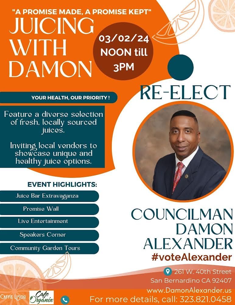 carldameron's tweet photo. RE-ELECT COUNCILMAN DAMON ALEXANDER 
Meet Damon at Cafe Organic 
261 W. 40th Street, 
San Bernardino, CA 92407
 #voteAlexander https://t.co/qkfJyWWGsb