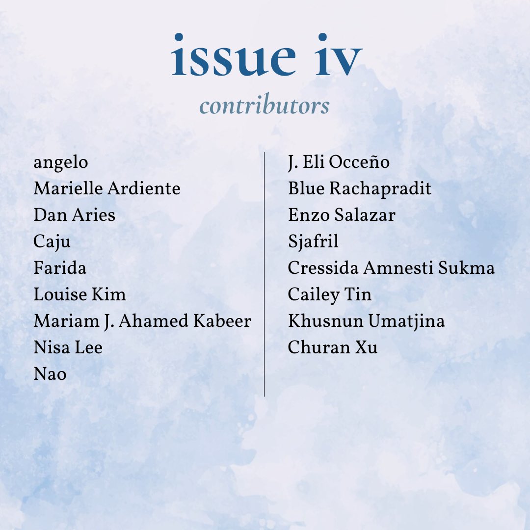 Congratulations to our amazing Issue IV contributors! All 18 pieces are distinctly “haluhalo,” offering a special glimpse into the glittering, textured lives of Southeast Asian youth. Welcome to the HaluHalo Journal Community :) Check out the issue at haluhalojournal.com/issue-four!