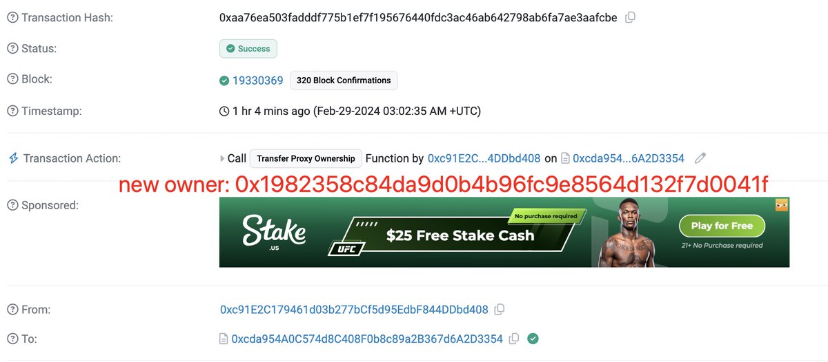 peckshield's tweet image. Hi @ShidoGlobal There is a sudden owner transfer to 0x1982. The new owner immediately upgrades the StakingV4Proxy contract with a hidden withdrawToken() function. This hidden function is then called to withdraw all 4,353,473,223.864904 $SHIDO.

Here are related txs:
- owner…