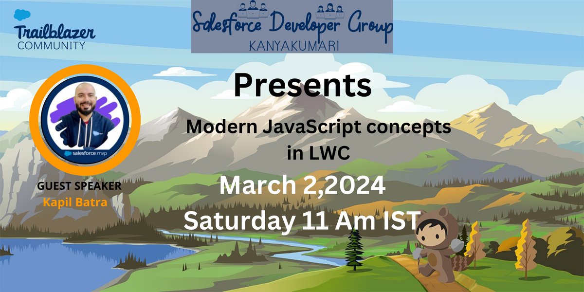Hi Everyone. I am Calling for Salesforce Trailblazers to join us for the Modern JavaScript concepts in LWC on March 2 at 11 AM (IST).To join the session Please register by using this link: trailblazercommunitygroups.com/events/details… #TrailblazerCommunity #Salesforce