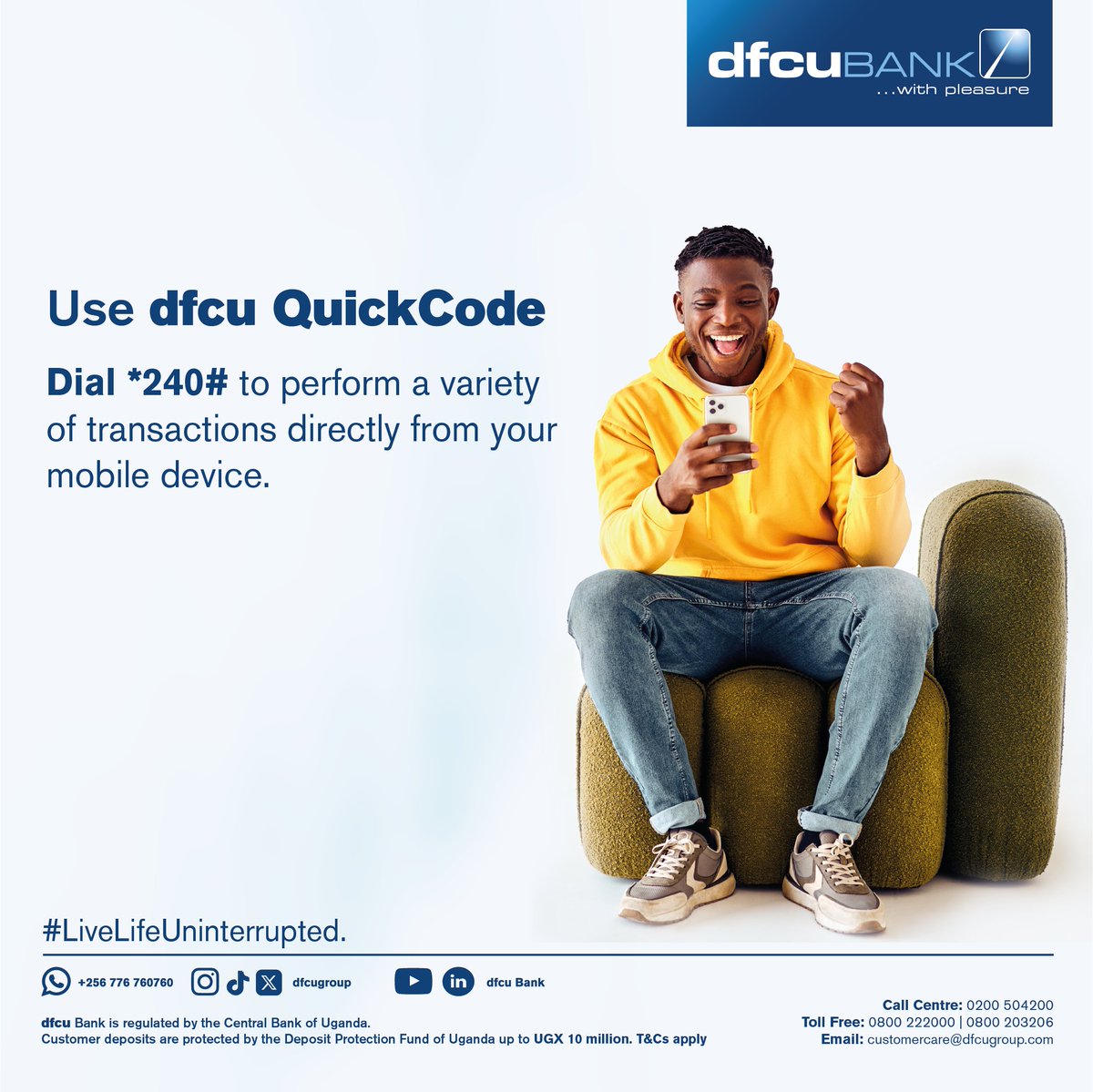 dfcugroup's tweet image. Empowering you with a fast and secure mode of banking, dfcu #QuickCode allows you to perform a variety of transactions directly from your mobile device.
#LiveLifeUninterrupted
