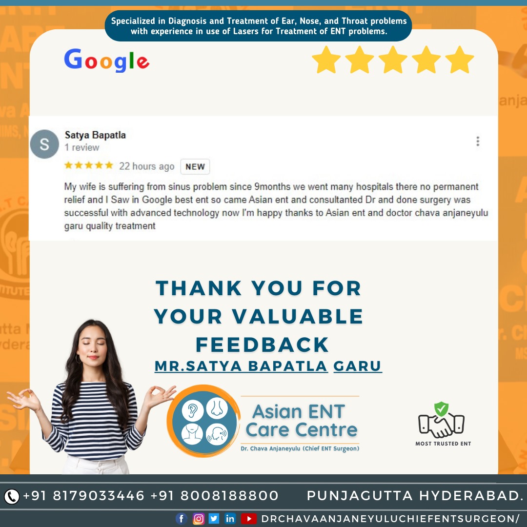 #Sinus #SinusInfection #SinusInfectionCured #SinusRelief #SinusTreated #SinusPressureRelief #SinusReliefTreatment #SinusCuredPatientReview #SinusCuredPatientTestimonial #SatisfiedPatient #HappyPatientsFeedback #PatientReview
#AsianENTCareCentre #DrChavaAnjaneyulu 🌟🌟
🌟🌟🌟